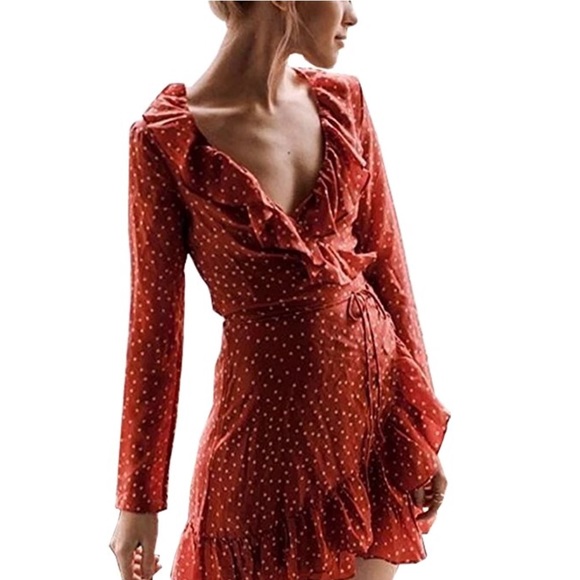 Dresses & Skirts - {boutique} red print bow wrap flounce minidress